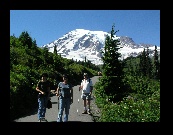 Hiking up the trail at Paradise with Mount Rainier in the background